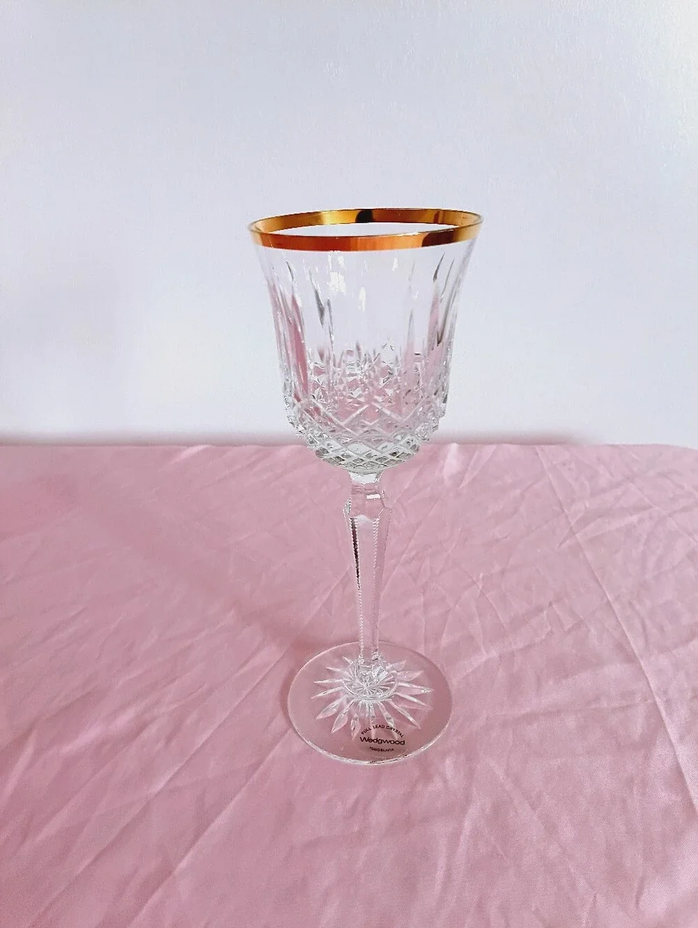 Wedgwood Crystal Wine Glass Gold Rim Diamond Cut Pattern Starburst Base